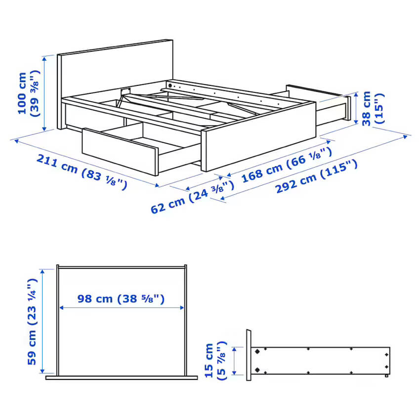 Malm High Bed Frame/4 Storage Boxes